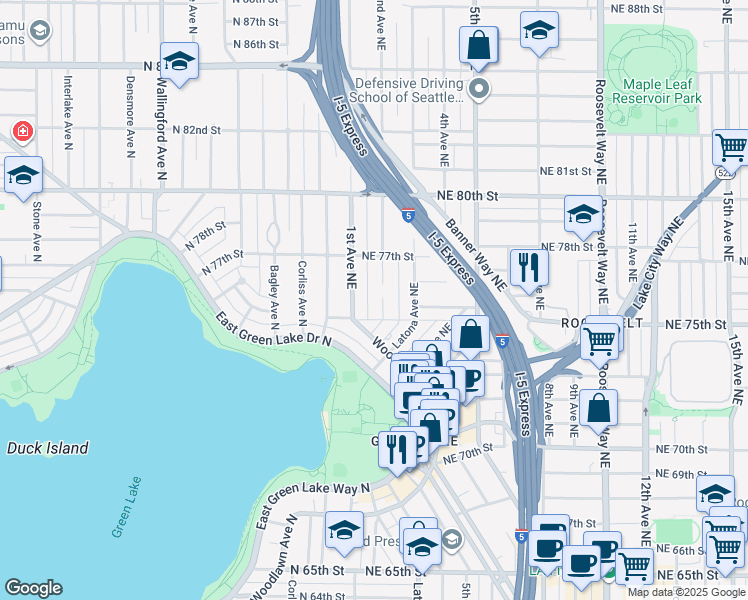 map of restaurants, bars, coffee shops, grocery stores, and more near 7510 1st Avenue Northeast in Seattle