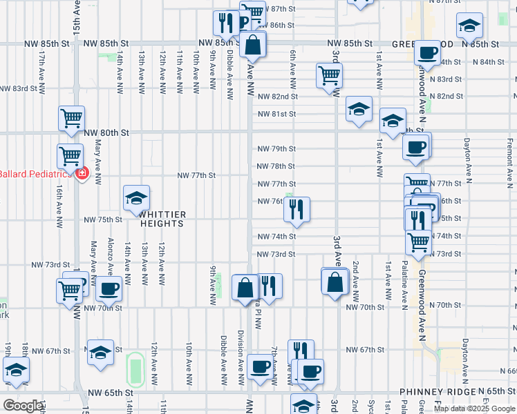 map of restaurants, bars, coffee shops, grocery stores, and more near 648 Northwest 75th Street in Seattle