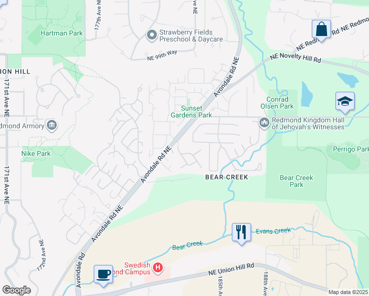 map of restaurants, bars, coffee shops, grocery stores, and more near 18206 Northeast 92nd Street in Redmond