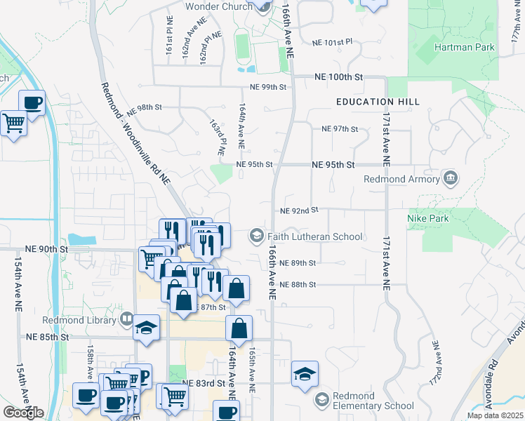 map of restaurants, bars, coffee shops, grocery stores, and more near 16417 Northeast 92nd Street in Redmond