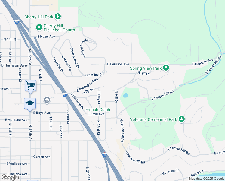 map of restaurants, bars, coffee shops, grocery stores, and more near 1314 North Hill Drive in Coeur d'Alene