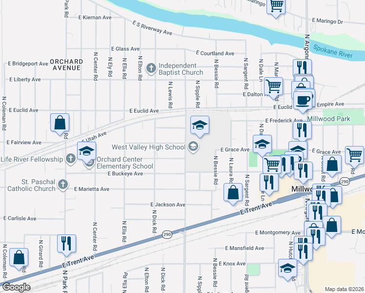 map of restaurants, bars, coffee shops, grocery stores, and more near 2903 North Vista Road in Spokane Valley