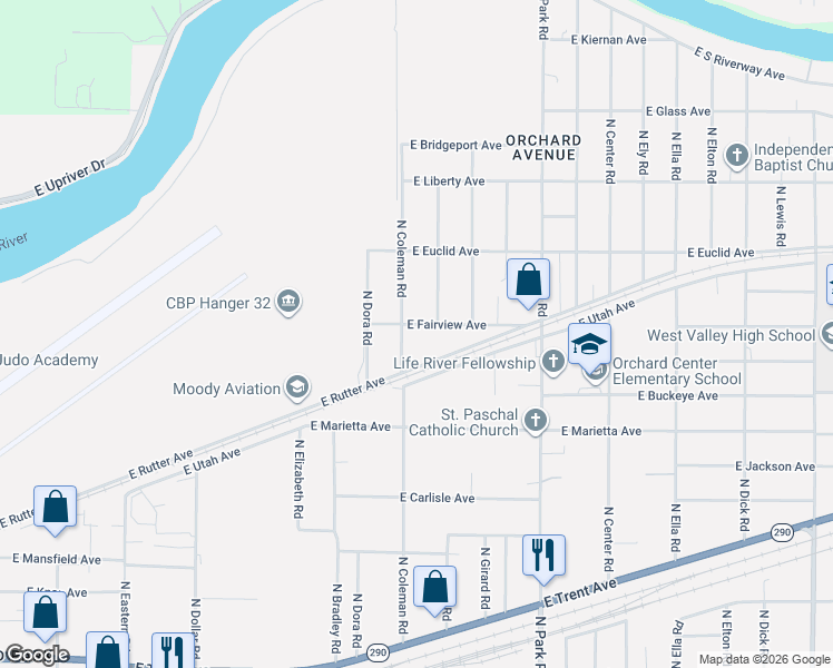 map of restaurants, bars, coffee shops, grocery stores, and more near 2910 North Coleman Road in Spokane Valley