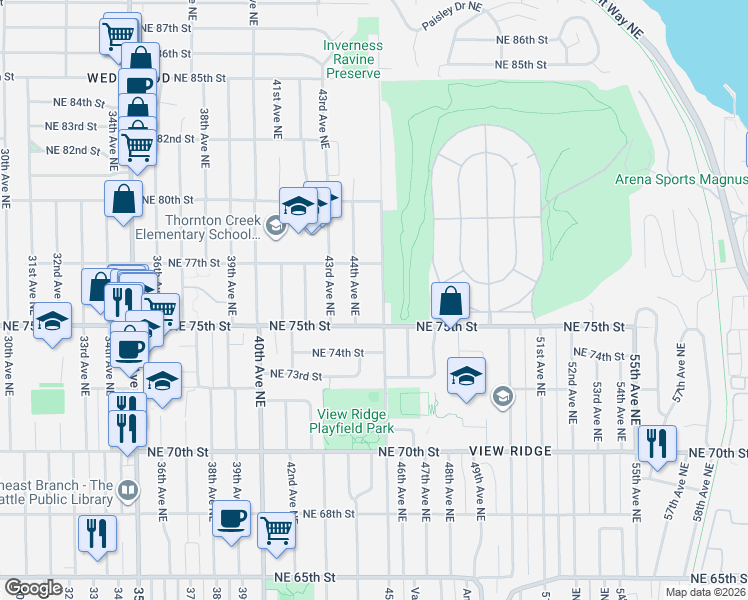 map of restaurants, bars, coffee shops, grocery stores, and more near 7513 45th Avenue Northeast in Seattle
