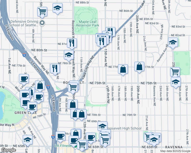 map of restaurants, bars, coffee shops, grocery stores, and more near 7515 Brooklyn Avenue Northeast in Seattle