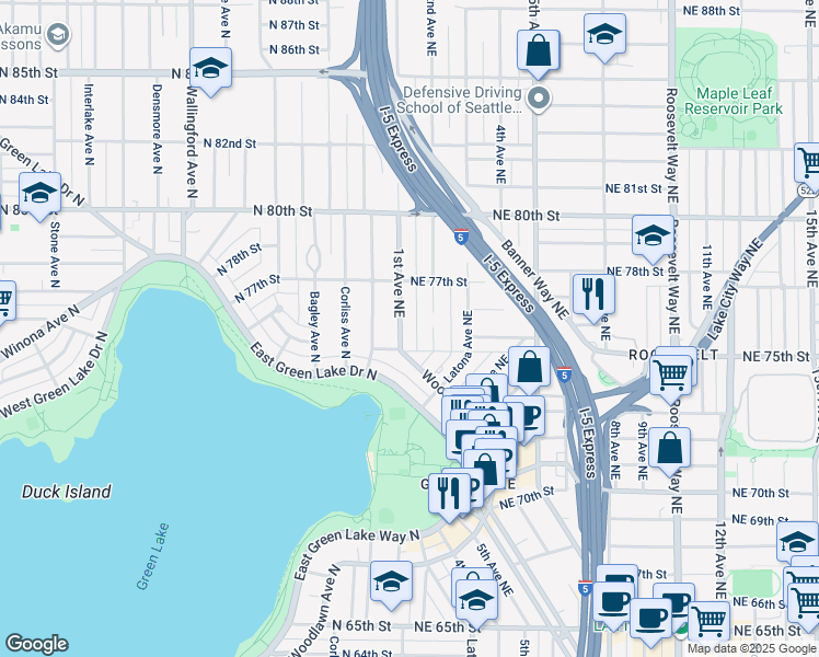 map of restaurants, bars, coffee shops, grocery stores, and more near 7510 1st Avenue Northeast in Seattle