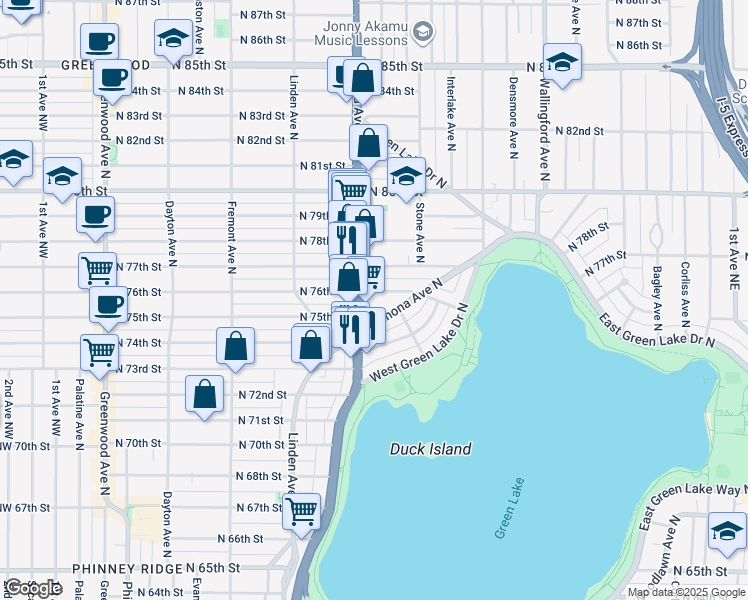 map of restaurants, bars, coffee shops, grocery stores, and more near 7504 Aurora Avenue North in Seattle