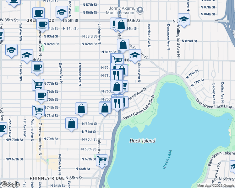 map of restaurants, bars, coffee shops, grocery stores, and more near 7504 Aurora Avenue North in Seattle