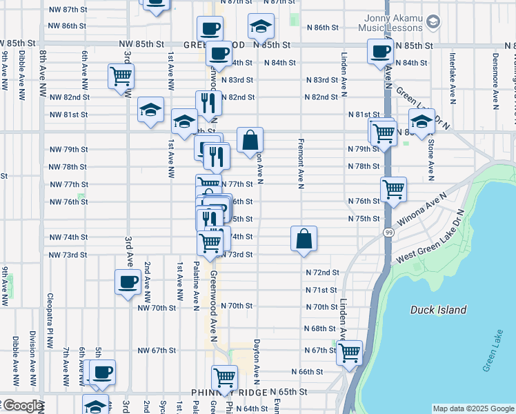 map of restaurants, bars, coffee shops, grocery stores, and more near 506 North 75th Street in Seattle