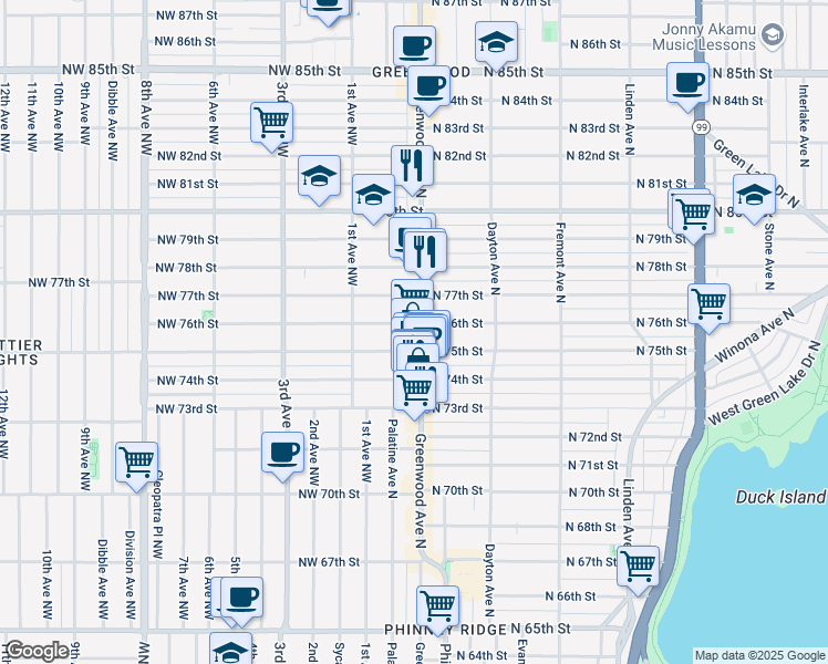 map of restaurants, bars, coffee shops, grocery stores, and more near in Seattle