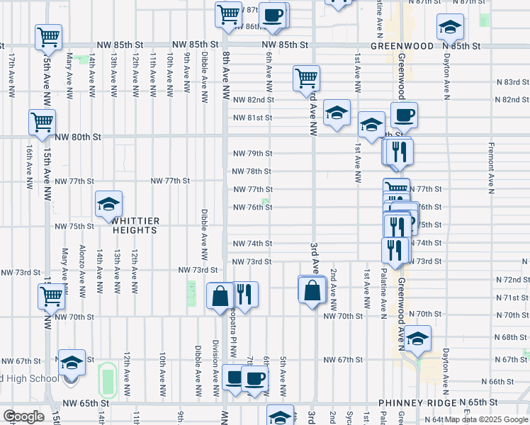 map of restaurants, bars, coffee shops, grocery stores, and more near 614 Northwest 75th Street in Seattle