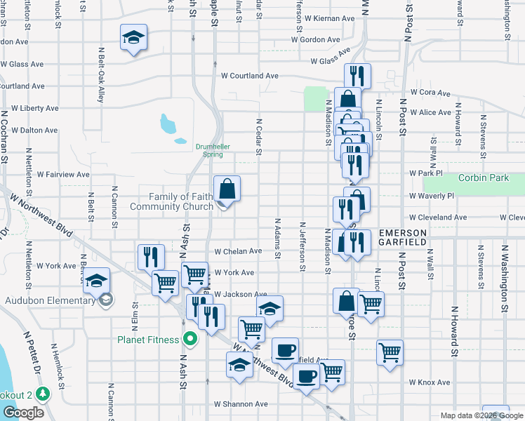 map of restaurants, bars, coffee shops, grocery stores, and more near 1319 West Cleveland Avenue in Spokane