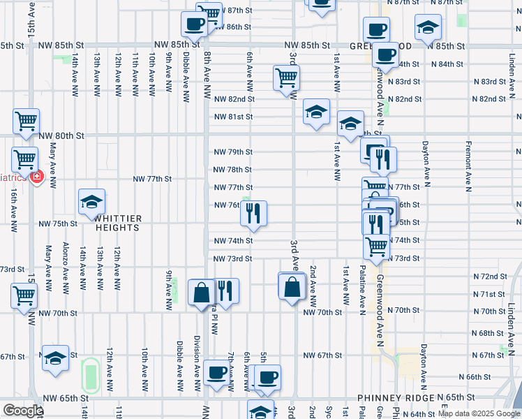 map of restaurants, bars, coffee shops, grocery stores, and more near 347 Northwest 76th Street in Seattle