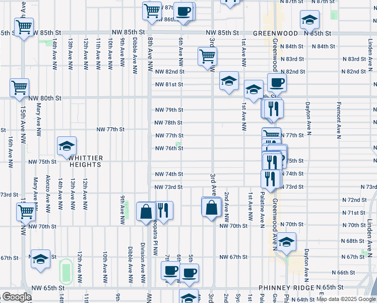 map of restaurants, bars, coffee shops, grocery stores, and more near 347 Northwest 76th Street in Seattle