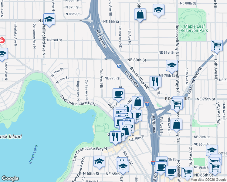 map of restaurants, bars, coffee shops, grocery stores, and more near 7520 2nd Avenue Northeast in Seattle