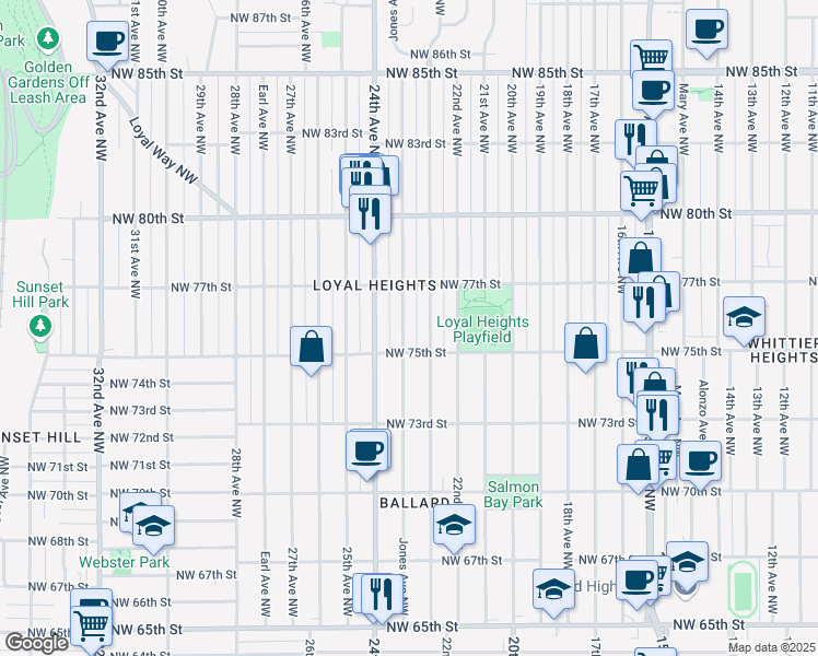 map of restaurants, bars, coffee shops, grocery stores, and more near 7520 Jones Avenue Northwest in Seattle