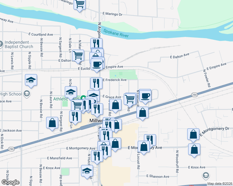 map of restaurants, bars, coffee shops, grocery stores, and more near 2909 North Willow Road in Spokane