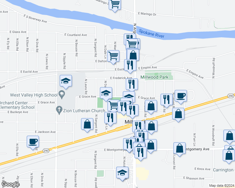 map of restaurants, bars, coffee shops, grocery stores, and more near 8909 East Grace Avenue in Millwood