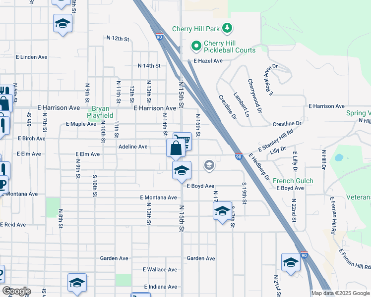 map of restaurants, bars, coffee shops, grocery stores, and more near 1040 North 15th Street in Coeur d'Alene