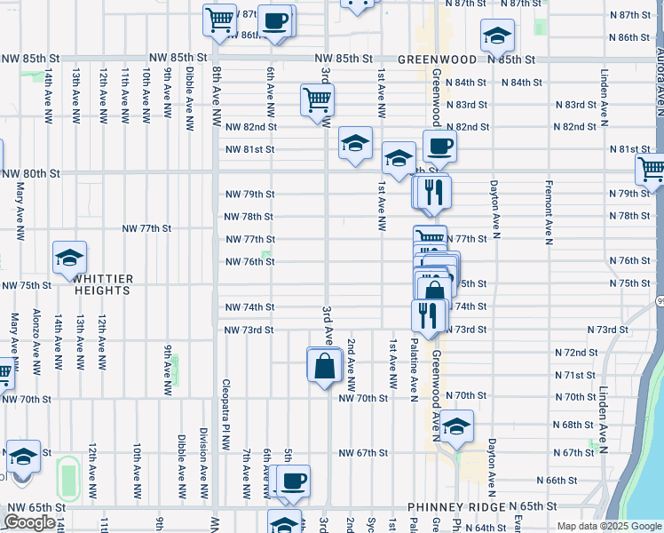 map of restaurants, bars, coffee shops, grocery stores, and more near 7503 3rd Avenue Northwest in Seattle