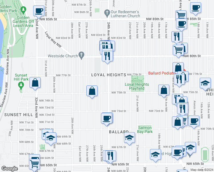 map of restaurants, bars, coffee shops, grocery stores, and more near 7523 24th Avenue Northwest in Seattle