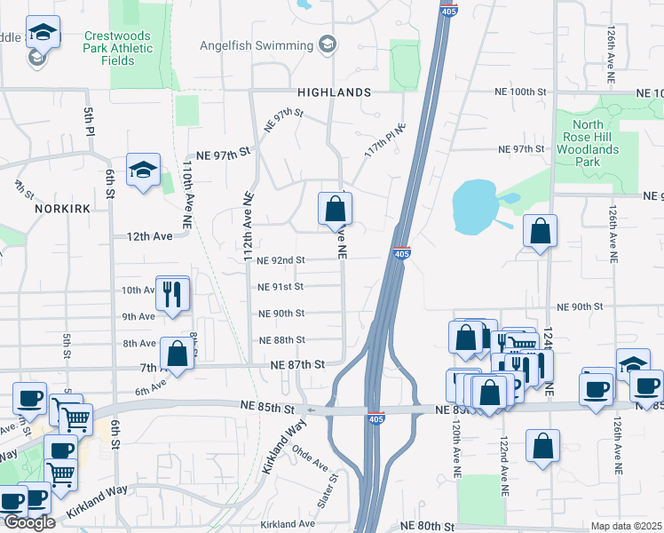 map of restaurants, bars, coffee shops, grocery stores, and more near 11441 Northeast 92nd Street in Kirkland