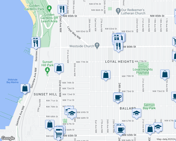 map of restaurants, bars, coffee shops, grocery stores, and more near 7525 28th Avenue Northwest in Seattle