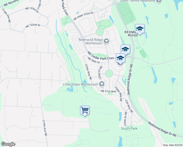map of restaurants, bars, coffee shops, grocery stores, and more near 9406 225th Way Northeast in Redmond