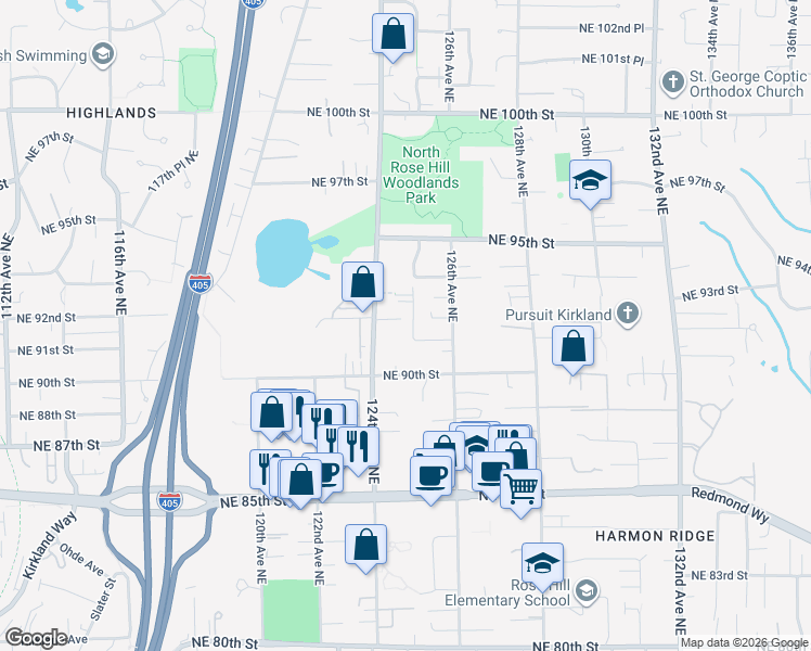 map of restaurants, bars, coffee shops, grocery stores, and more near 9031 125th Avenue Northeast in Kirkland