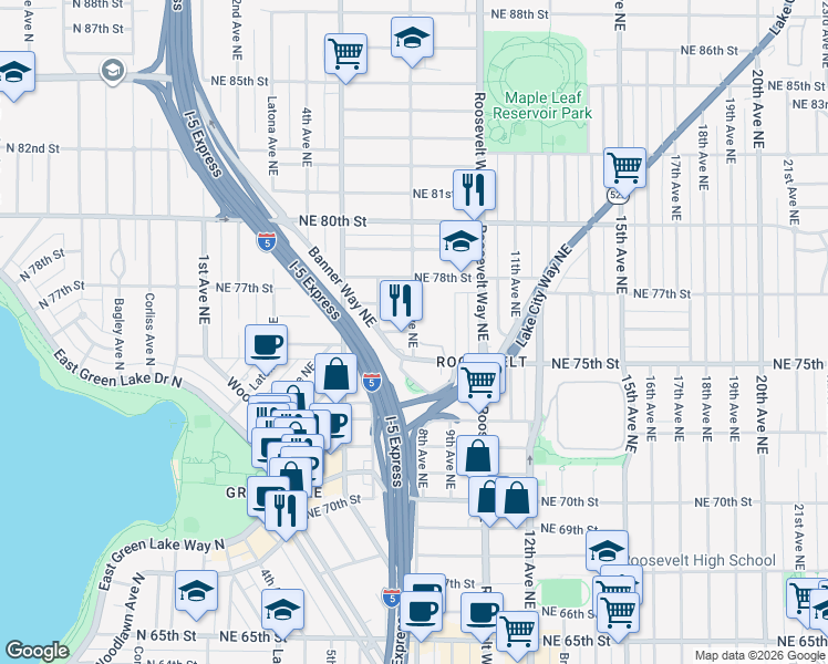 map of restaurants, bars, coffee shops, grocery stores, and more near Northeast 76th Street in Seattle