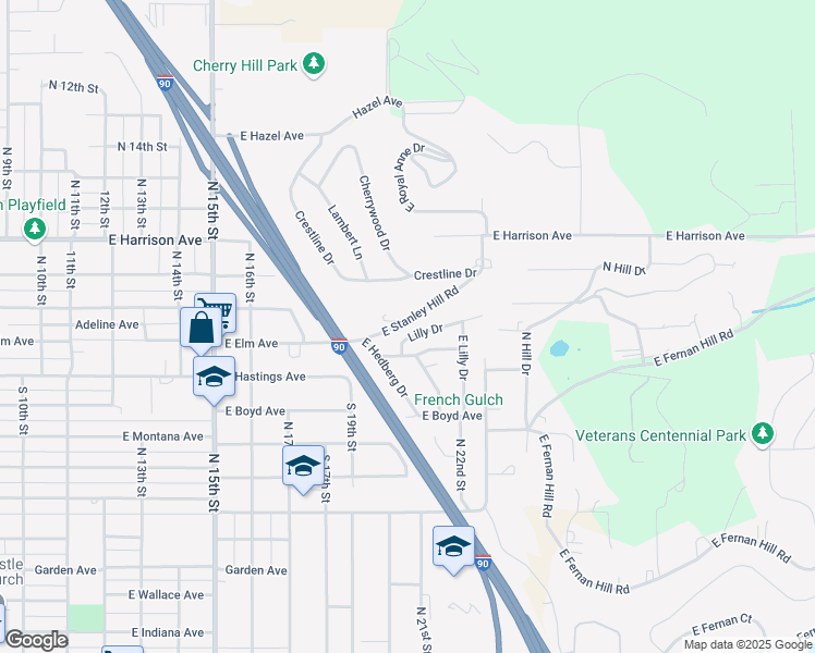 map of restaurants, bars, coffee shops, grocery stores, and more near 2010 Candy Lane in Coeur d'Alene