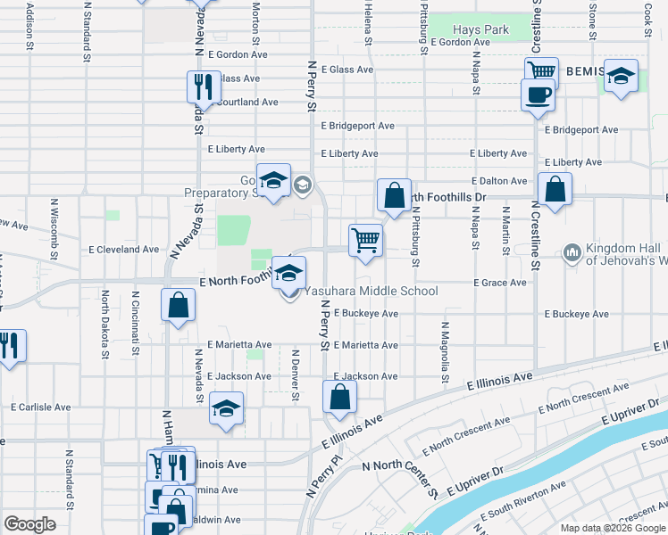 map of restaurants, bars, coffee shops, grocery stores, and more near 2802 North Perry Street in Spokane