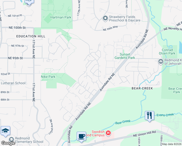 map of restaurants, bars, coffee shops, grocery stores, and more near 17912 Northeast 93rd Way in Redmond
