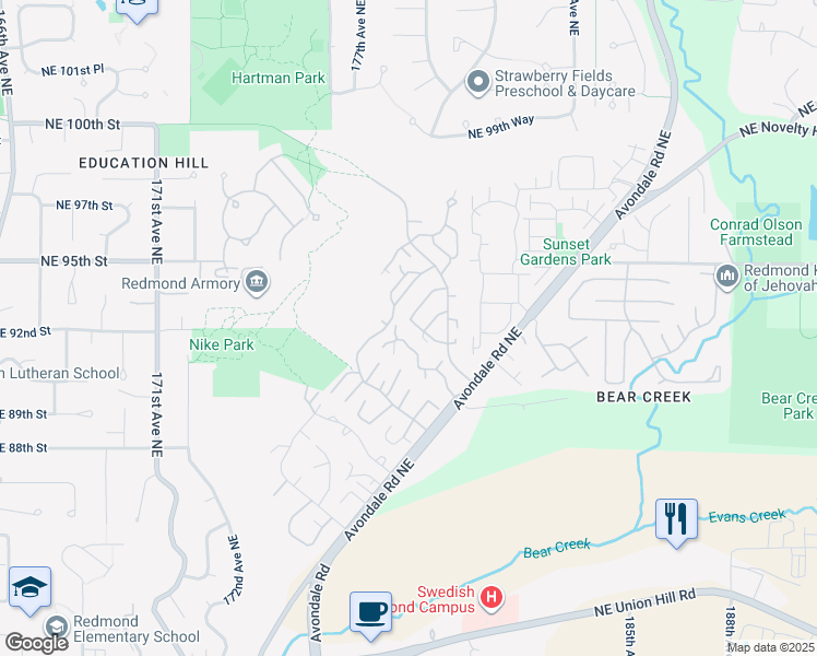 map of restaurants, bars, coffee shops, grocery stores, and more near 9009 Avondale Road Northeast in Redmond