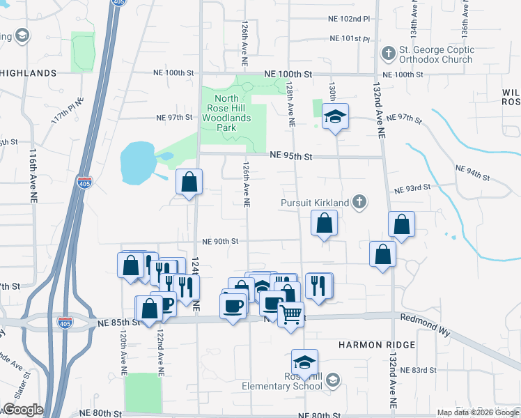map of restaurants, bars, coffee shops, grocery stores, and more near 9104 126th Avenue Northeast in Kirkland