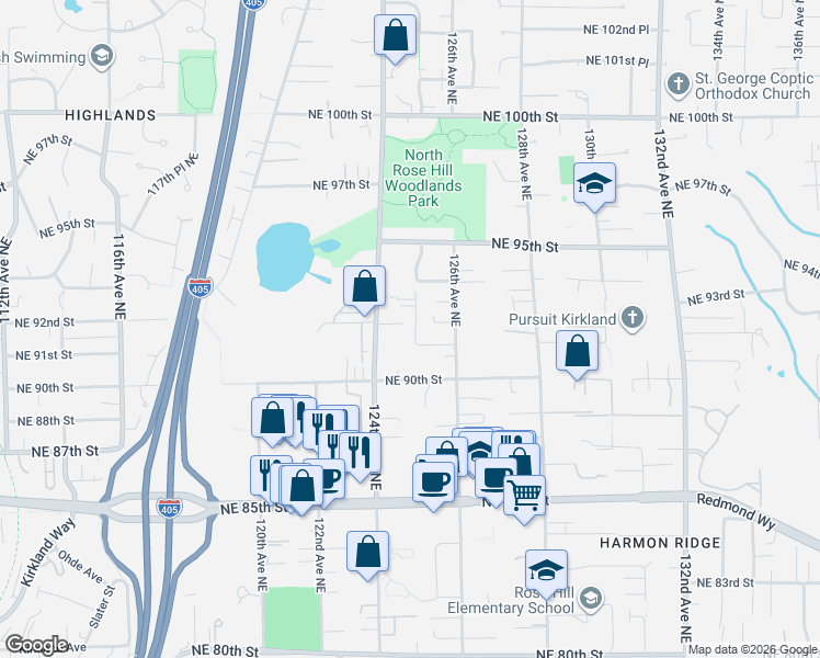 map of restaurants, bars, coffee shops, grocery stores, and more near 9031 125th Avenue Northeast in Kirkland