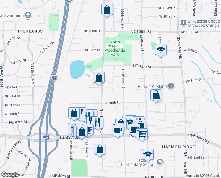 map of restaurants, bars, coffee shops, grocery stores, and more near 9031 125th Avenue Northeast in Kirkland