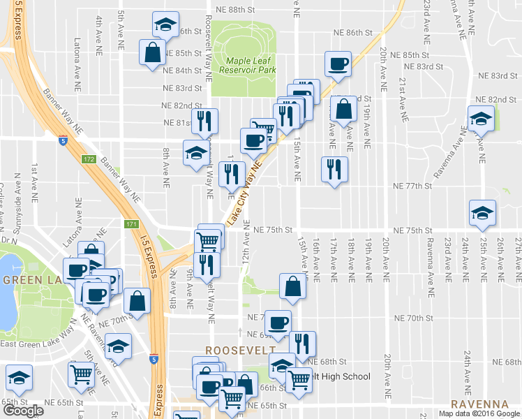 map of restaurants, bars, coffee shops, grocery stores, and more near 7515 Brooklyn Avenue Northeast in Seattle