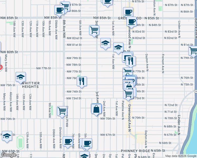 map of restaurants, bars, coffee shops, grocery stores, and more near 7503 3rd Avenue Northwest in Seattle