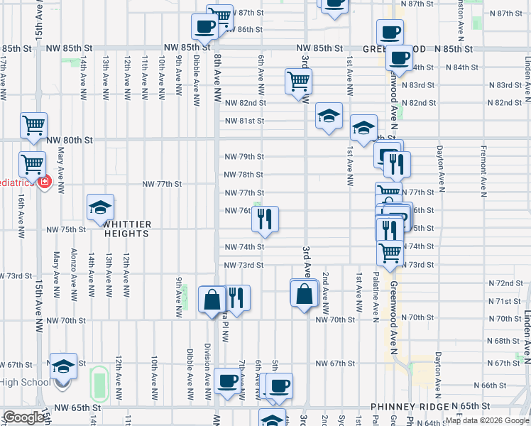 map of restaurants, bars, coffee shops, grocery stores, and more near 342 Northwest 75th Street in Seattle