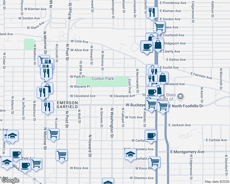 map of restaurants, bars, coffee shops, grocery stores, and more near 327 West Cleveland Avenue in Spokane