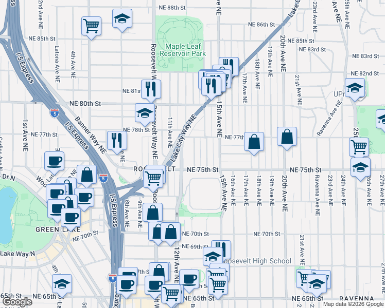 map of restaurants, bars, coffee shops, grocery stores, and more near 7515 Brooklyn Avenue Northeast in Seattle
