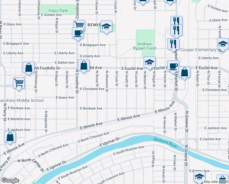map of restaurants, bars, coffee shops, grocery stores, and more near 2817 North Cook Street in Spokane