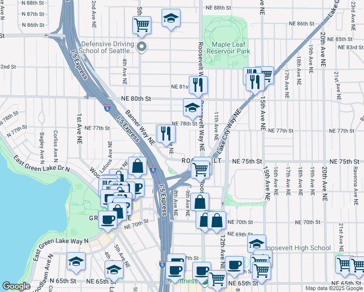 map of restaurants, bars, coffee shops, grocery stores, and more near 814 Northeast 75th Street in Seattle