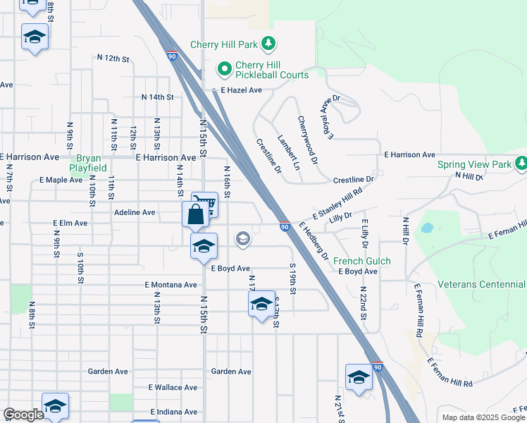 map of restaurants, bars, coffee shops, grocery stores, and more near 1626 East Elm Avenue in Coeur d'Alene