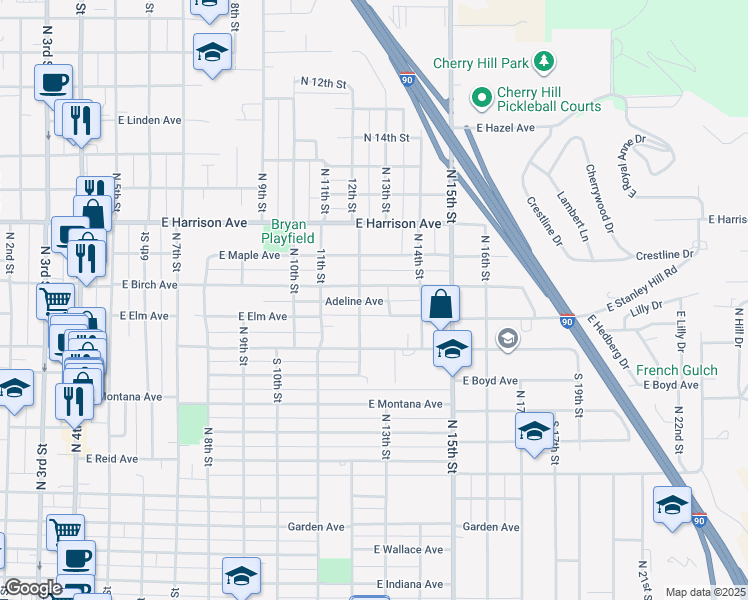 map of restaurants, bars, coffee shops, grocery stores, and more near 1302 Adeline Avenue in Coeur d'Alene