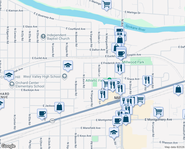 map of restaurants, bars, coffee shops, grocery stores, and more near 2825 North Sargent Road in Millwood