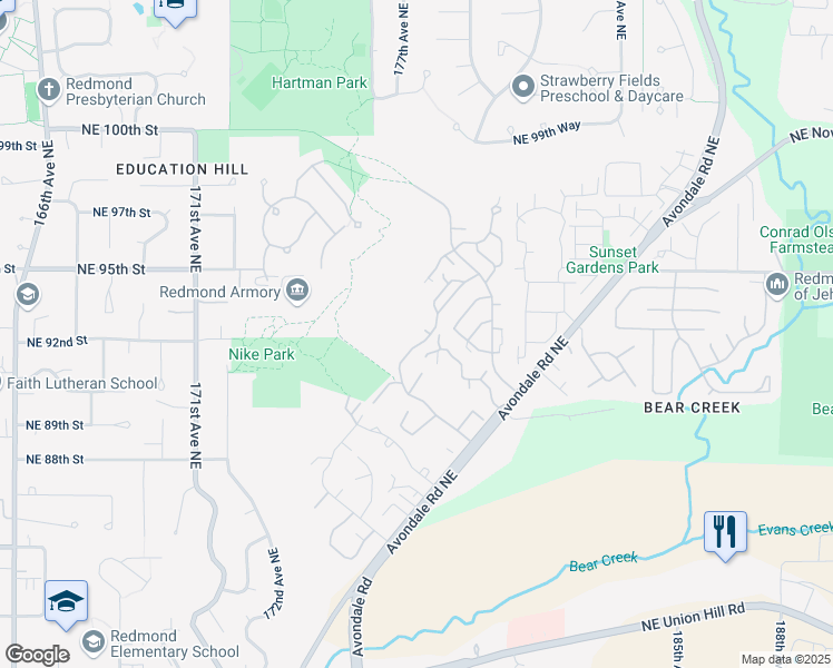 map of restaurants, bars, coffee shops, grocery stores, and more near 9009 Avondale Road Northeast in Redmond