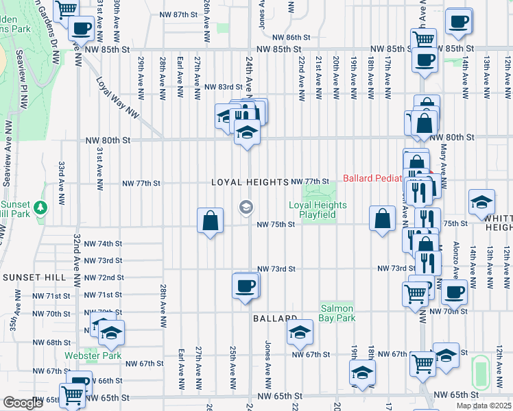 map of restaurants, bars, coffee shops, grocery stores, and more near 7511 Jones Avenue Northwest in Seattle