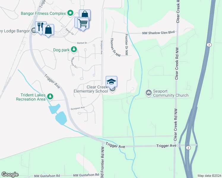 map of restaurants, bars, coffee shops, grocery stores, and more near 3999 Northwest Street Cyr Place in Silverdale